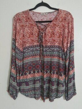 One World Women’s Boho Paisley Blouse Tie Neck Peasant Long Sleeve Size: XL